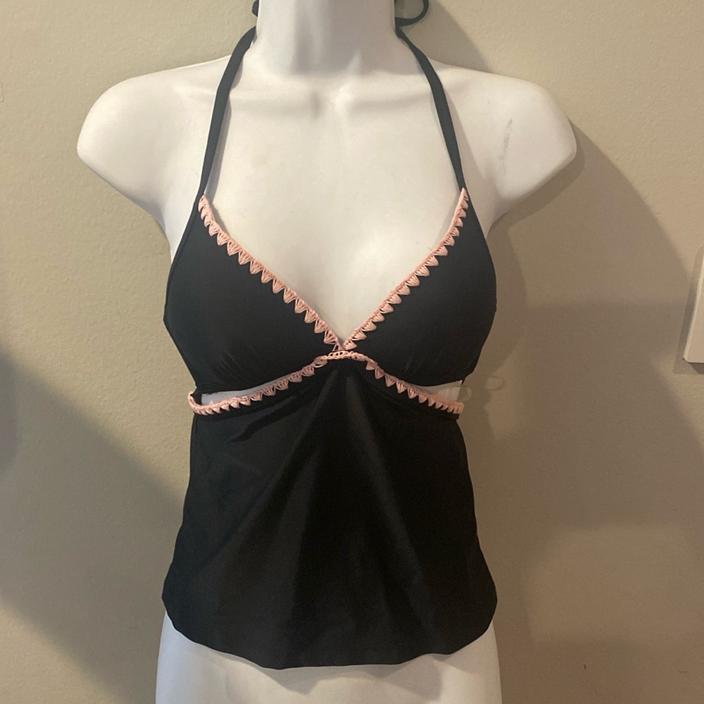 Hula Honey Whip Stitch Cutout  Accent Black Tankini Top XS New 4/25